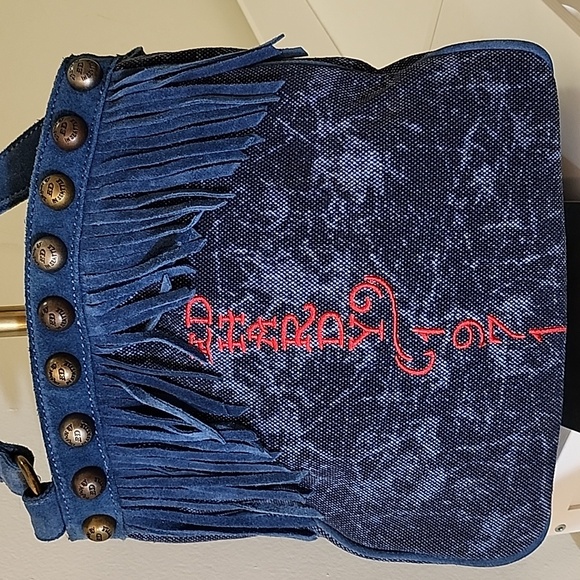 Ed Hardy Vintage Navy Felicia  Denim and Suede  Fringe Bag  Red Accents Rare- - Picture 4 of 16